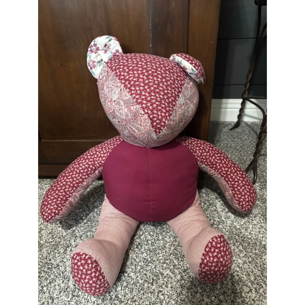 Vintage Handmade Patchwork Teddy Bear Burgundy Floral Paisley Gingham Plush 15